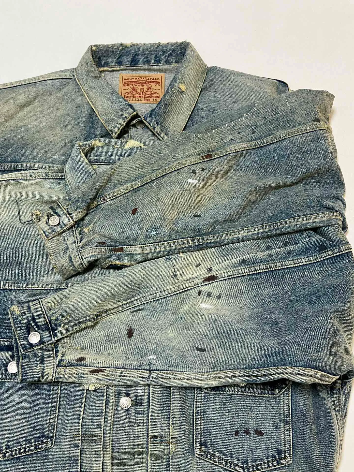 Proofing VS ZP SAINT MICHAEL x BERBERJIN BJ_DENIM JACKET/DAMAGE/BLU Latest BBJ joint model destroyed distressed ripped denim jacket heavy wash water SM destroyed denim jacket washed water blue S-XL